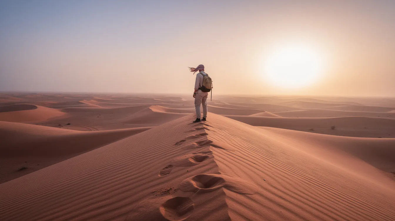 A traveler stands atop a high dune in the Sahara Desert at sunrise, bathed in soft orange light that highlights the undulating sand. This breathtaking moment captures the amazing experience of exploring the erg Chebbi dunes, a UNESCO World Heritage site, during a private tour in Morocco.