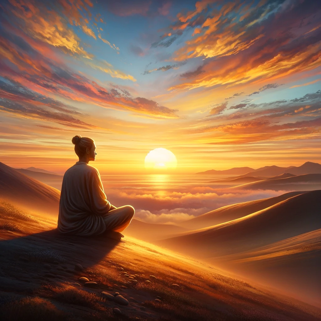 AI-generated image of woman sitting on side of mountain watching the sunset.