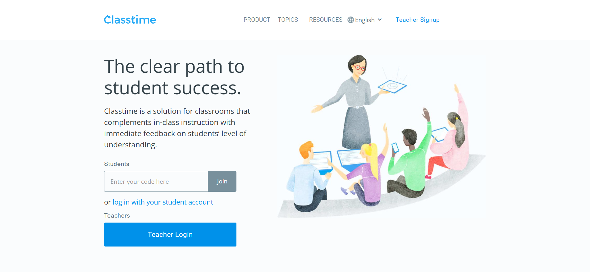 Classtime homepage showcasing an interactive digital assessment platform with an illustrated teacher providing real-time feedback to students in a collaborative classroom.
