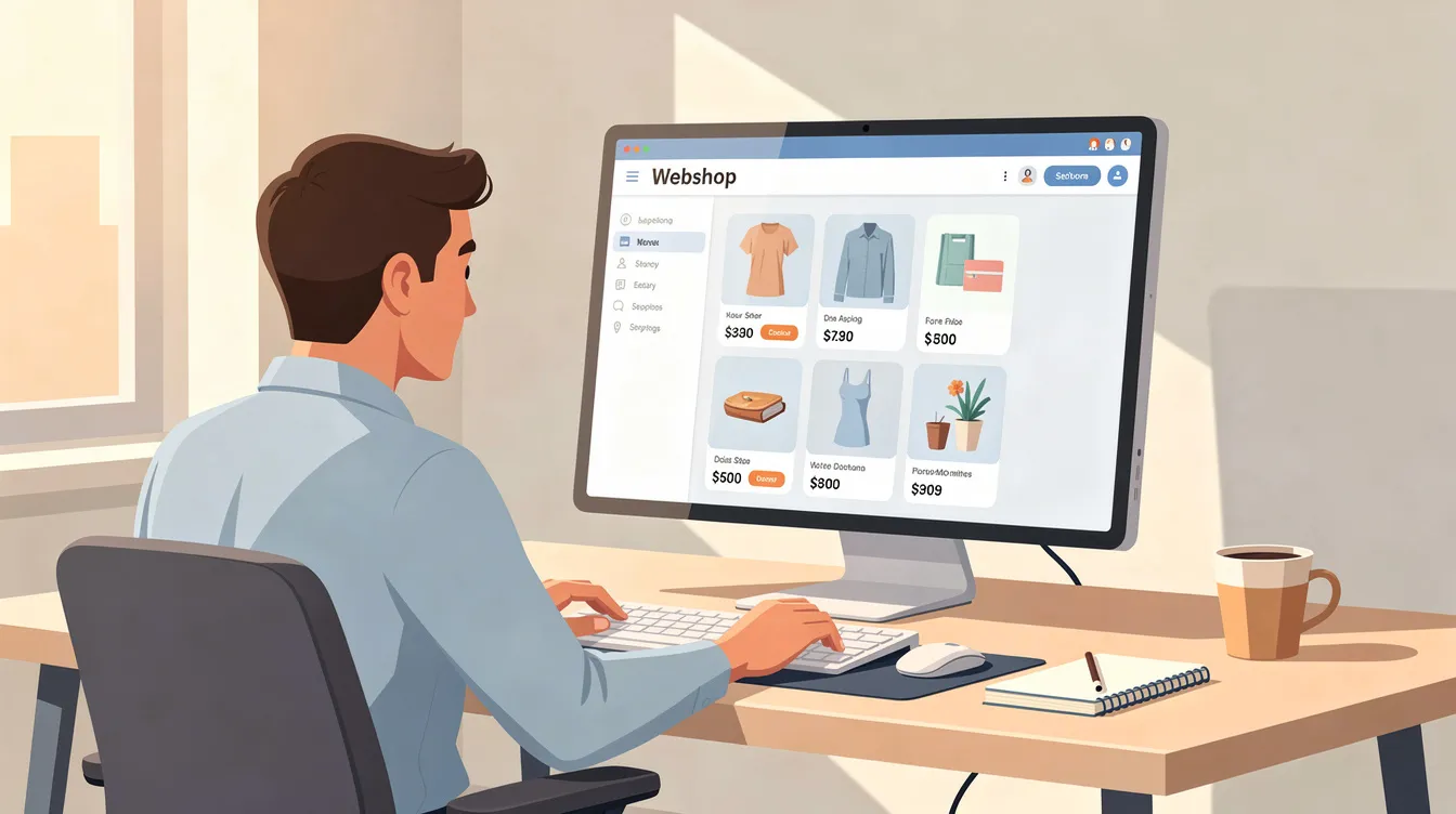 Illustrationen viser en person, der arbejder koncentreret ved en computer med en webshop åben i browseren Google Chrome. Skærmen viser elementer fra e-commerce, mens personen tilgår forskellige apps og værktøjer til markedsføring og dataændringer.