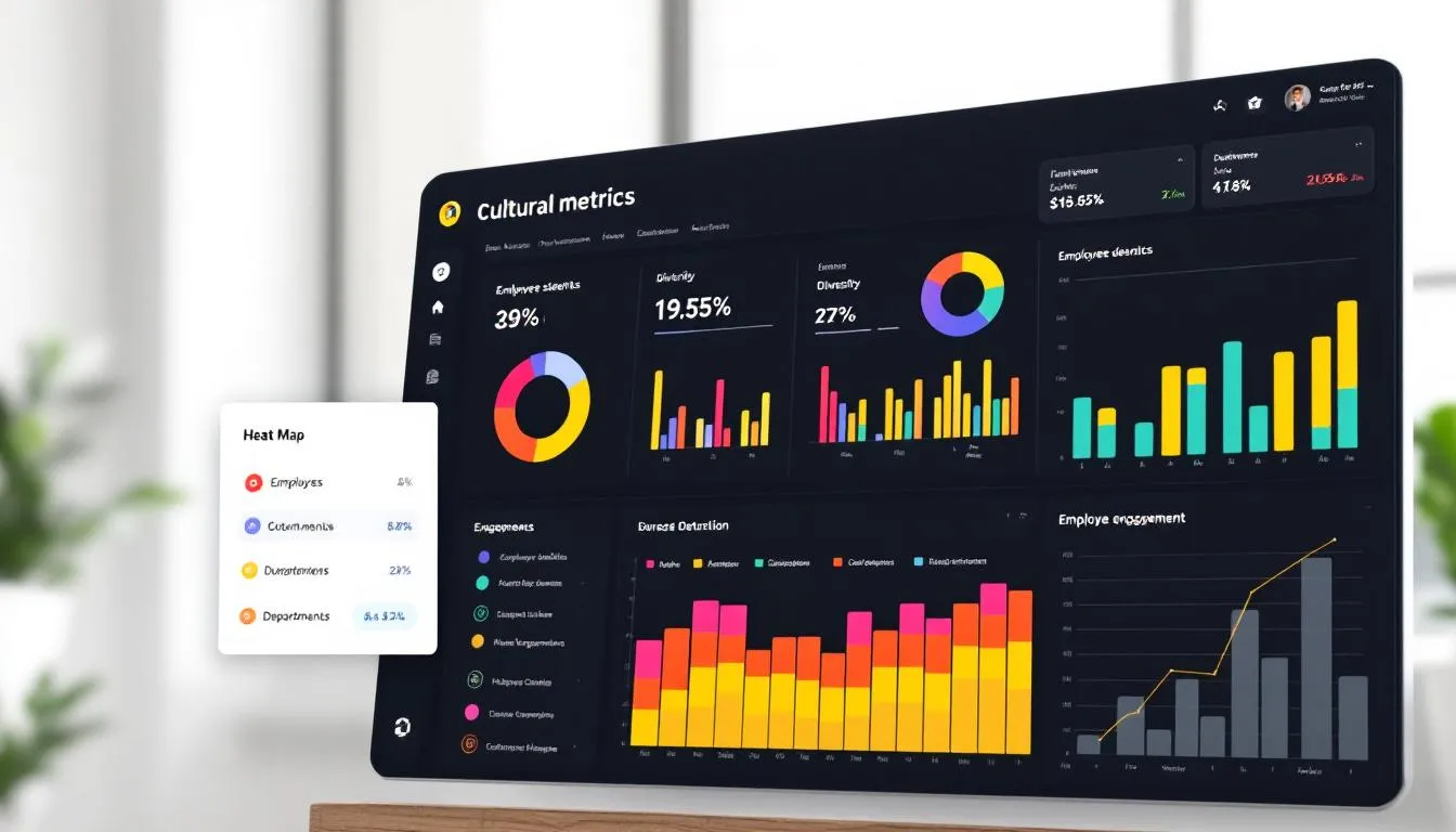An image of a data visualization dashboard displays various cultural metrics and employee engagement charts, showcasing valuable insights into organizational culture. The dashboard highlights key trends and patterns that can help business leaders embrace AI technologies and drive cultural transformation within the company.