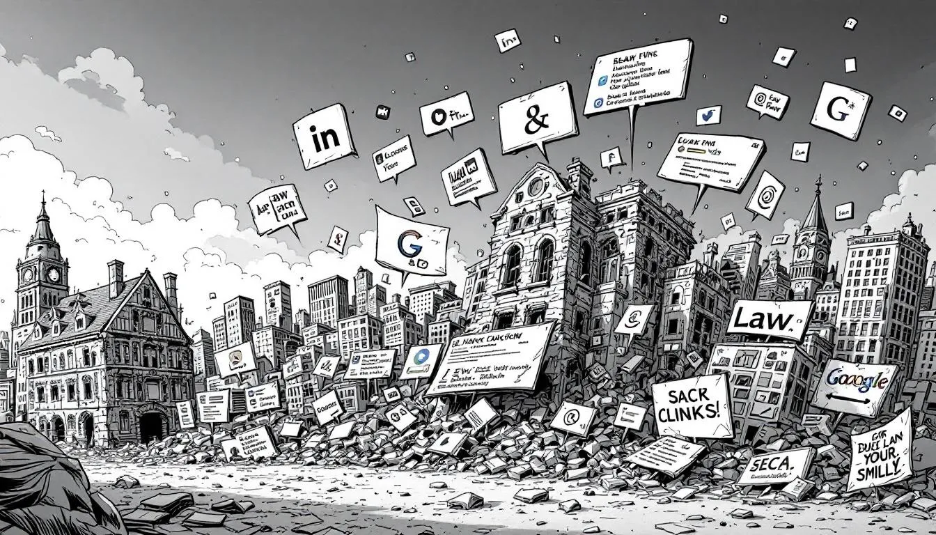 A digital landscape showcasing various online platforms and a law firm’s online presence.