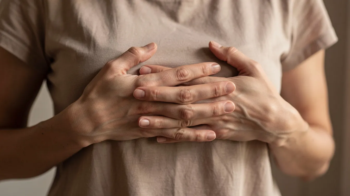 The image shows a close-up of hands gently resting on a person's chest, symbolizing a self-soothing gesture often used in trauma recovery. This act can signify the body's attempt to release stored trauma and promote emotional healing during the healing process.