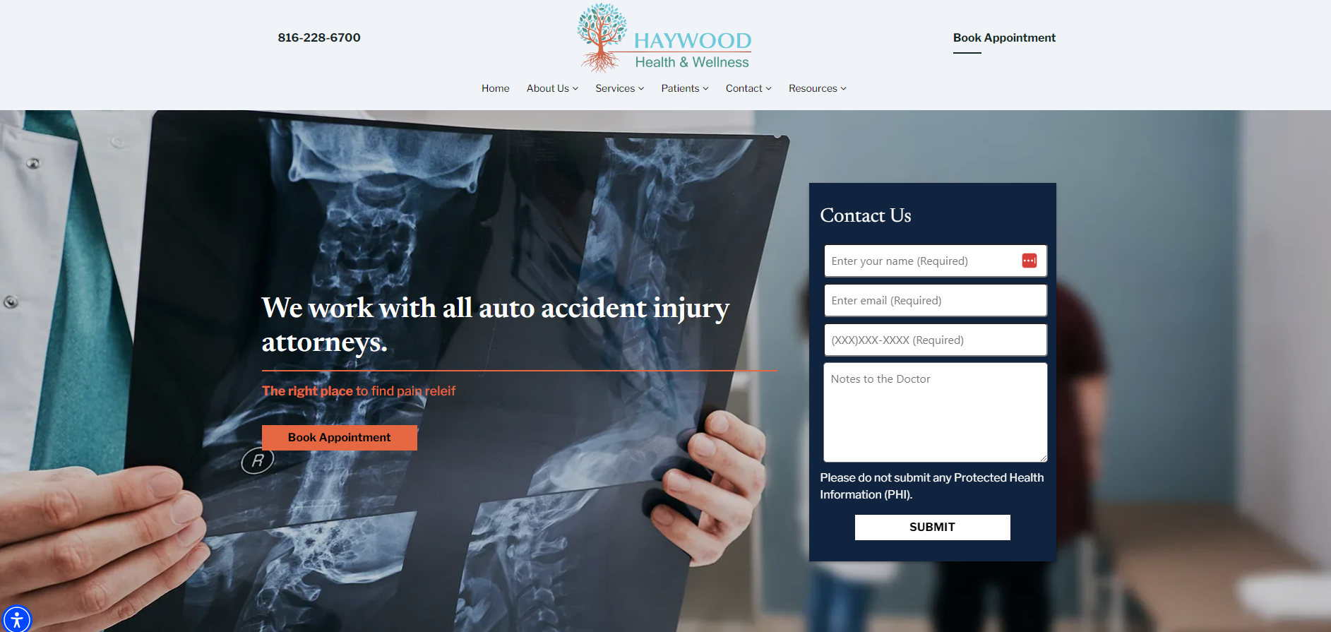 Haywood Health & Wellness homepage featuring a doctor holding an X-ray image, with a call to action for booking an appointment and a contact form on the right.