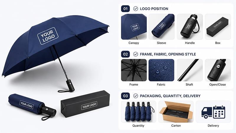 Custom umbrella order checklist showing logo position, frame, fabric, packaging, quantity, and delivery planning