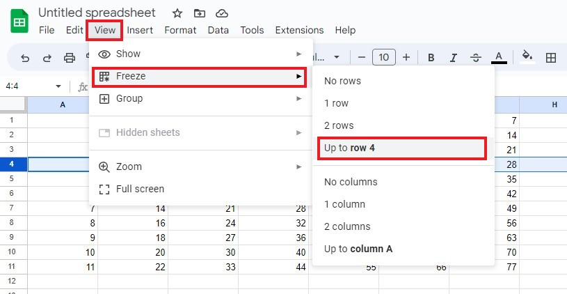 Freeze rows in Google Sheets