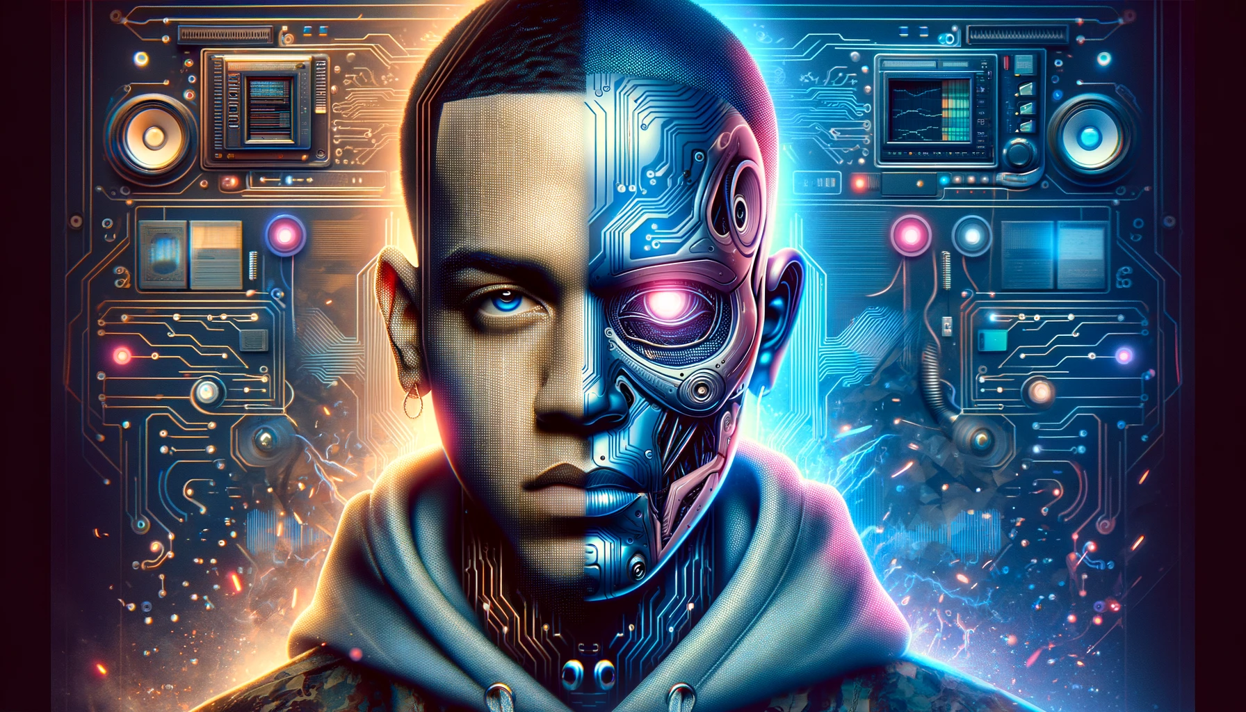A horizontal image depicting a famous rapper morphing into an AI. One half of the rapper's face is human, while the other half transitions into a digital or robotic form, with circuit patterns, digital effects, and glowing lines emphasizing the transformation. The background is a blend of urban and futuristic themes, reflecting both the rapper's roots and the advanced nature of AI technology.