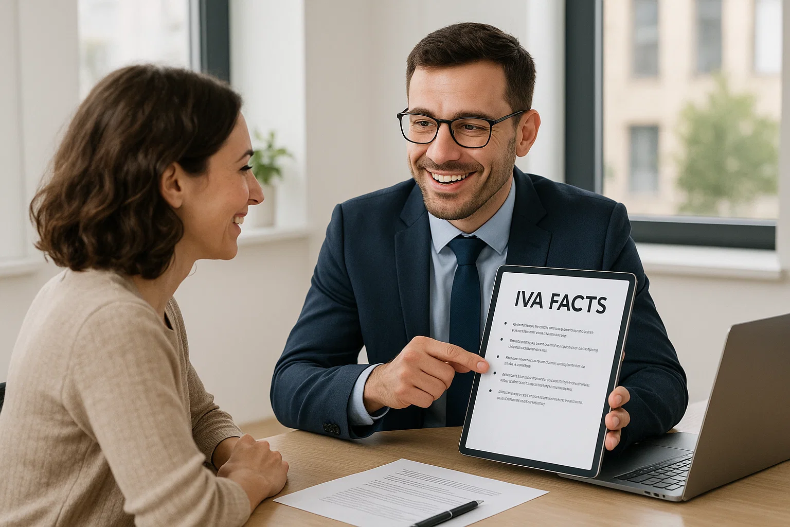 Financial advisor discussing quick IVA facts with a client in a modern office setting.