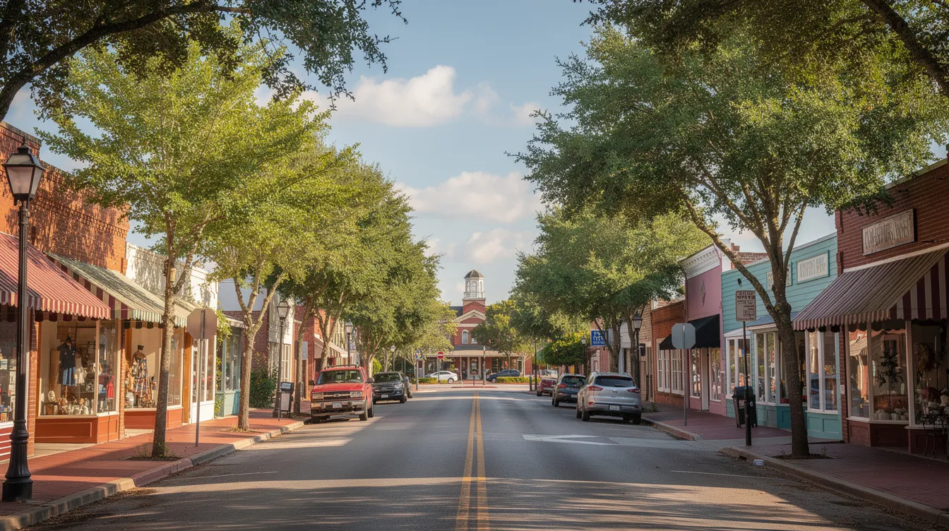 The image depicts a serene small-town main street in Louisiana, lined with trees under a clear blue sky, creating a tranquil atmosphere. This peaceful scene reflects the charm of small-town life, inviting viewers to appreciate the beauty of community and nature.