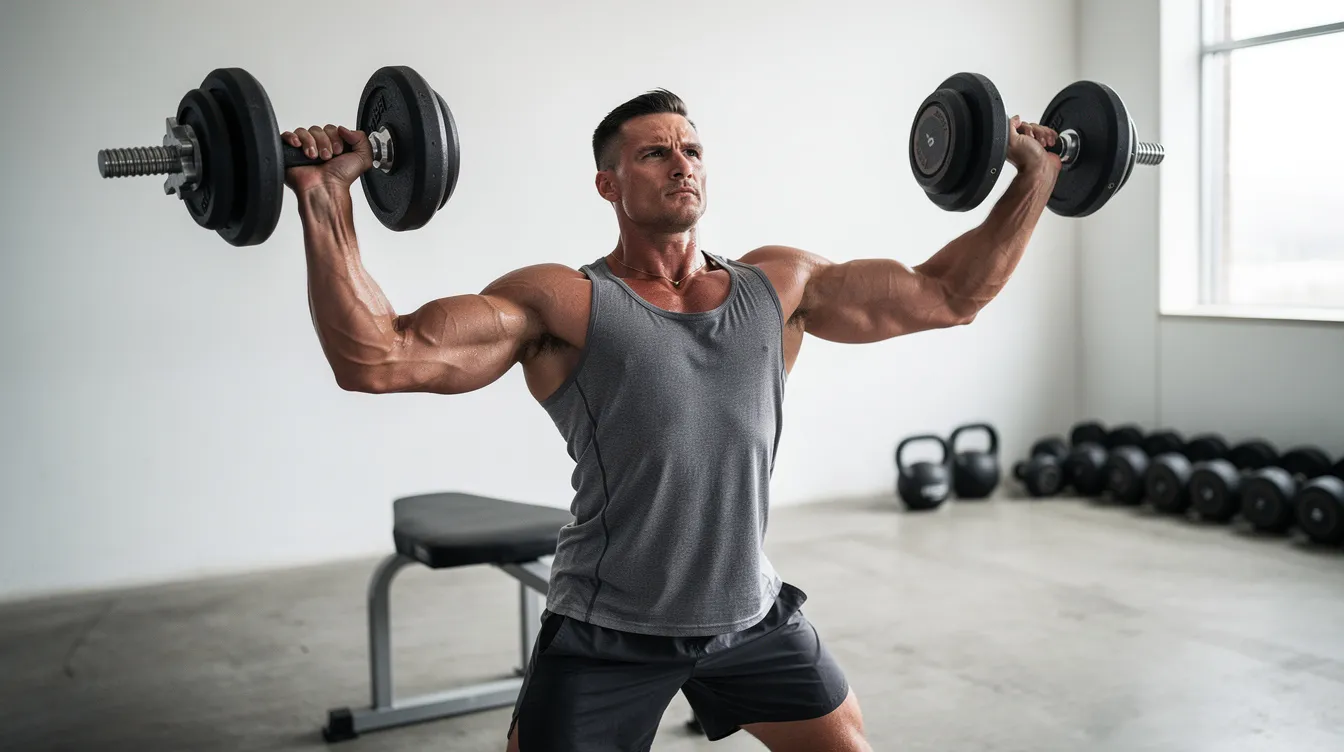 Ein athletischer Mann trainiert intensiv mit Hanteln in einem minimalistisch eingerichteten Fitnessstudio, das an die strengen Ästhetiken von Bret Easton Ellis' Romanen erinnert. Die Szene vermittelt ein Gefühl von Disziplin und Fokus, ähnlich den Charakteren in "American Psycho", die in der hektischen Welt von New York City leben.