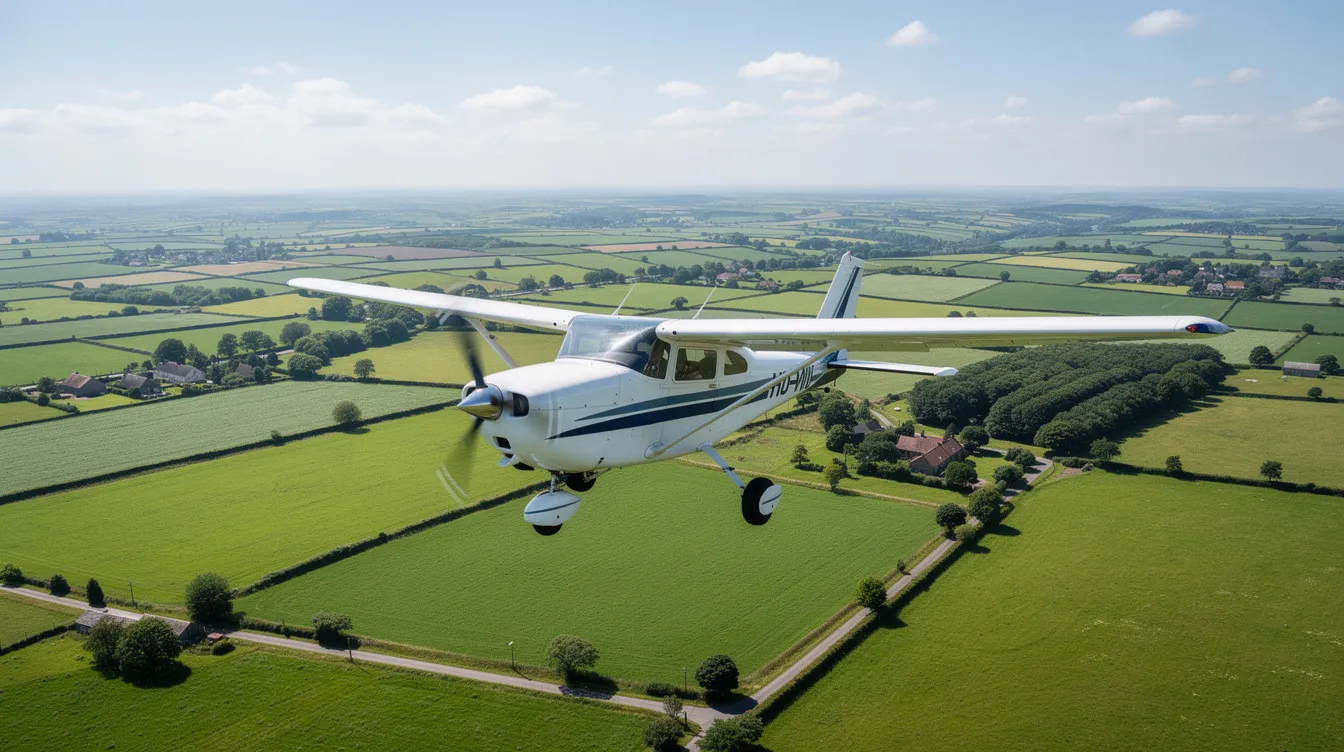 A small single-engine Cessna training aircraft is soaring over lush green countryside on a clear day, symbolizing the journey of aspiring pilots in flight training as they work towards obtaining their private pilot license. The serene landscape below highlights the freedom and adventure that comes with flying, an essential part of becoming a successful private jet pilot.