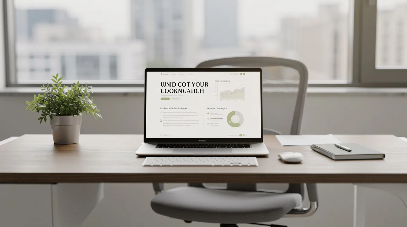 The image depicts a modern office workspace featuring a laptop displaying clean PowerPoint presentation slides. The setup suggests a focus on productivity, with tools for easily updating data and creating presentations using the latest templates and charts.