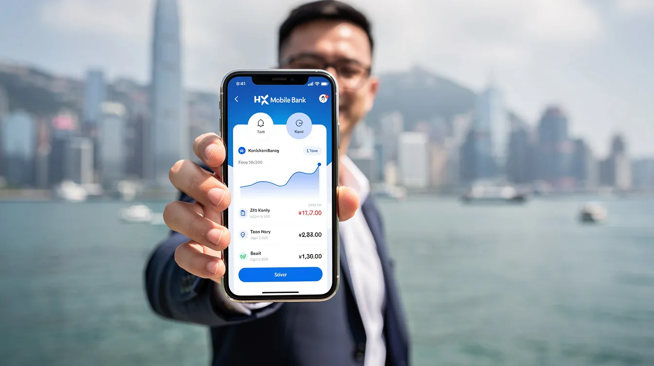 A person is holding a smartphone displaying a banking app, with the vibrant Hong Kong city skyline in the background. The app may include features related to 免 tu 貸款 and financial services, reflecting the user's financial management options.