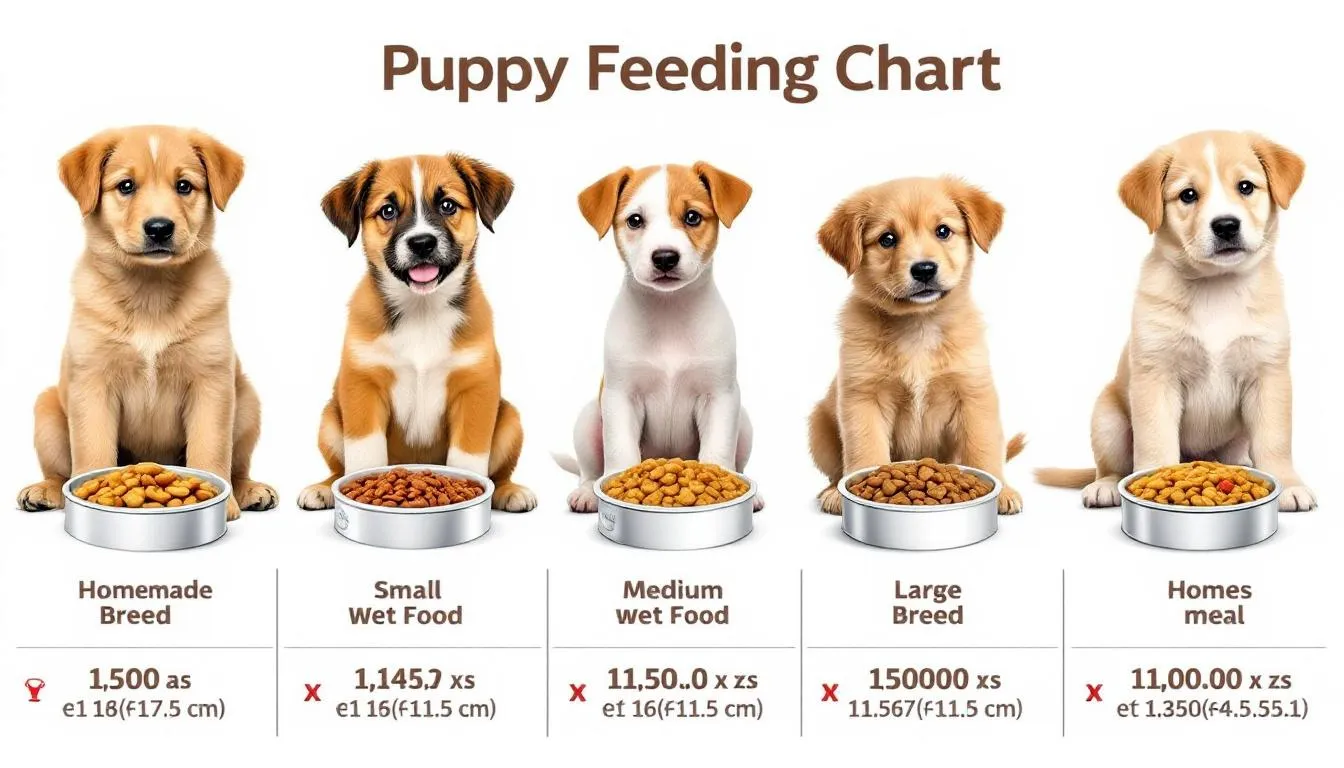 A colorful puppy feeding chart displays various sized puppies alongside their respective food bowls, illustrating the appropriate amounts of puppy food to feed based on their body weight and breed size. This guide helps pet parents determine how much food to provide for healthy growth and balanced nutrition.