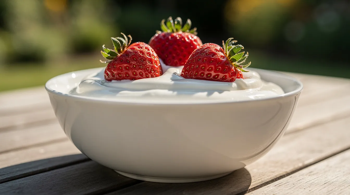A close-up image features fresh strawberries nestled in a bowl of velvety cream, set on a sunlit outdoor table. This delightful scene highlights the refreshing taste of strawberries, perfect for enjoying alongside a chilled Stella Artois strawberries and cream beer.