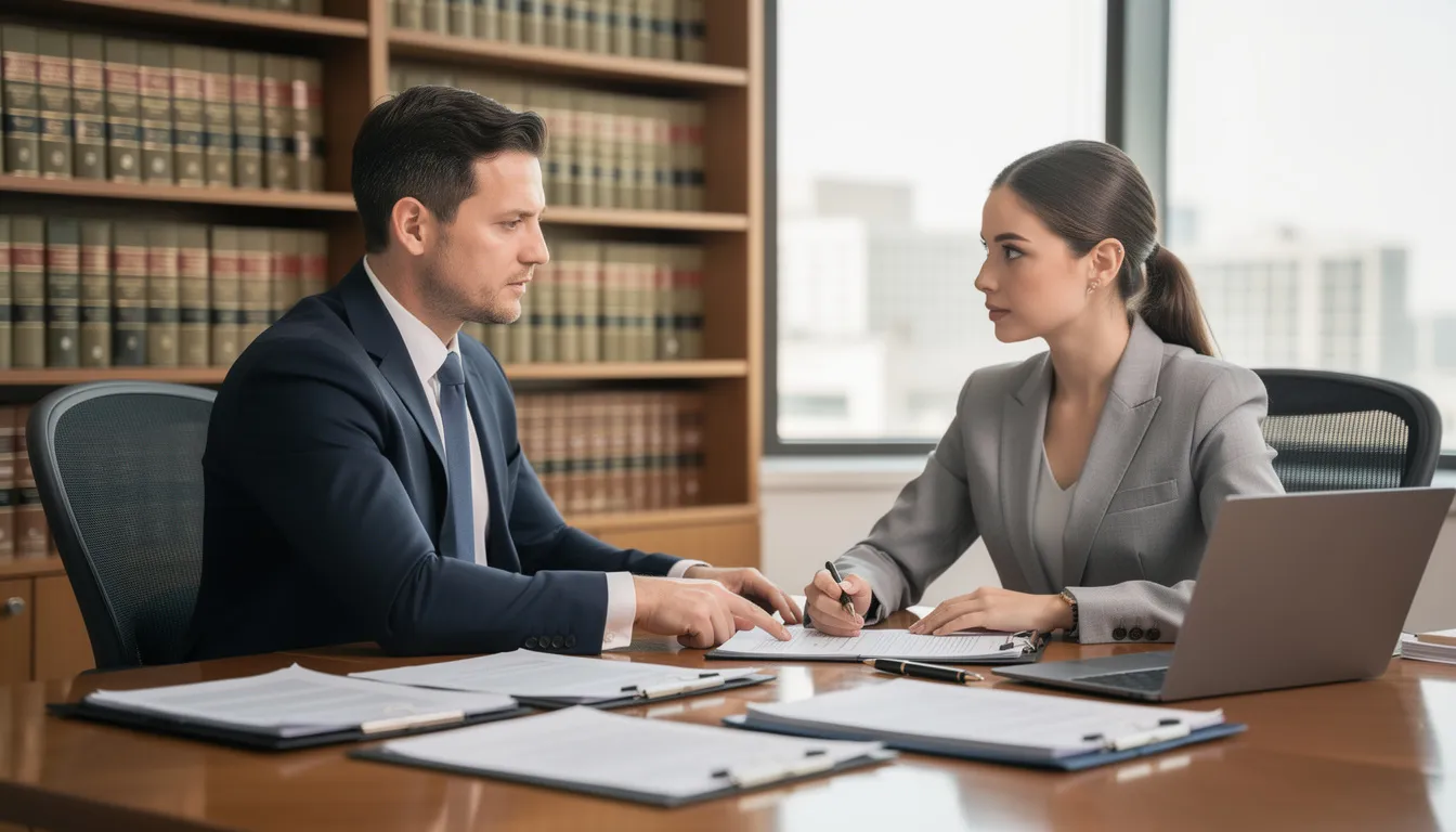 The image shows two individuals engaged in a serious discussion in a law office, surrounded by legal documents related to estate planning. They appear to be addressing issues such as mental capacity and undue influence, possibly preparing for probate litigation or discussing a complete estate plan for a loved one's estate.