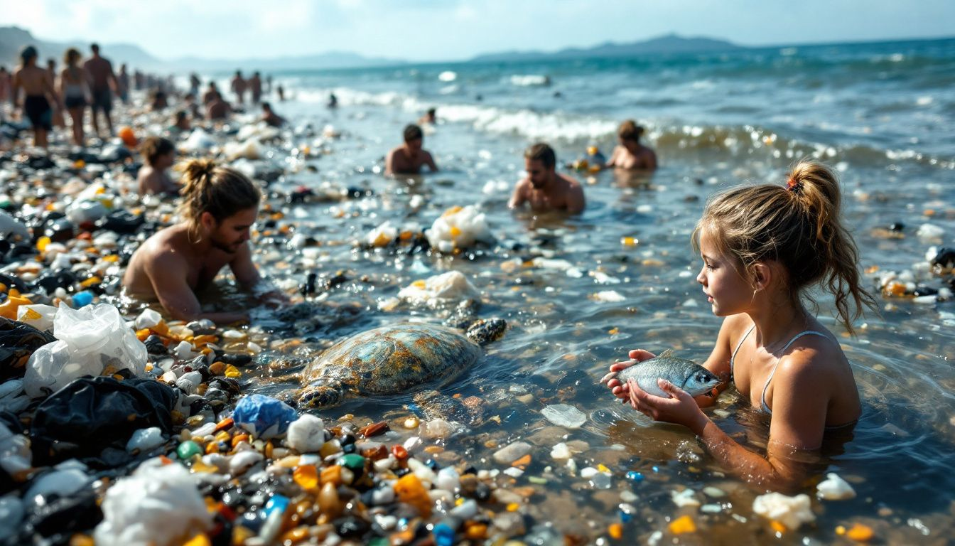 A view of the ocean filled with plastic debris, highlighting the issue of ocean plastic pollution.