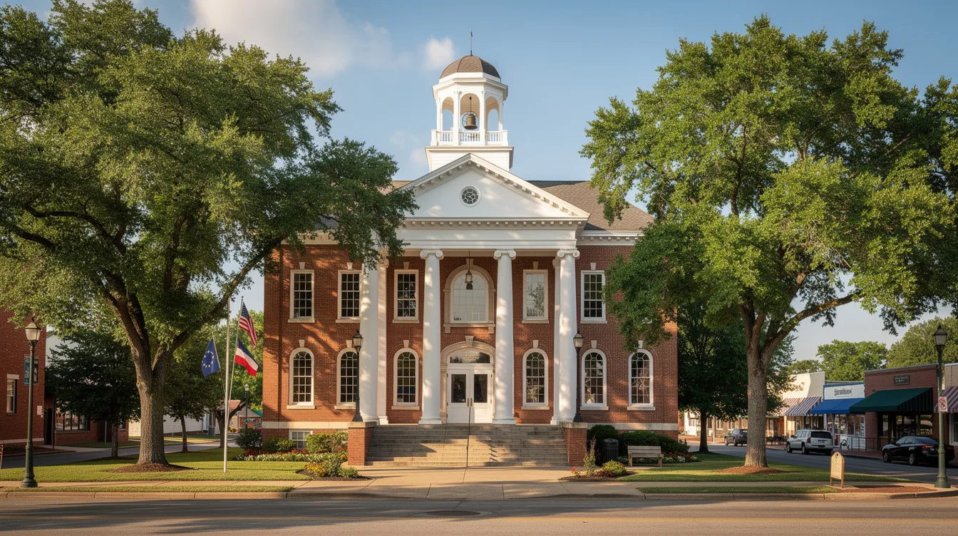 The image depicts a traditional brick courthouse building nestled among lush trees in a quaint Tennessee town, symbolizing the foundation of local governance and legal support. This setting reflects the importance of contract law and legal guidance in fostering strong business relationships and ensuring compliance with applicable regulations.