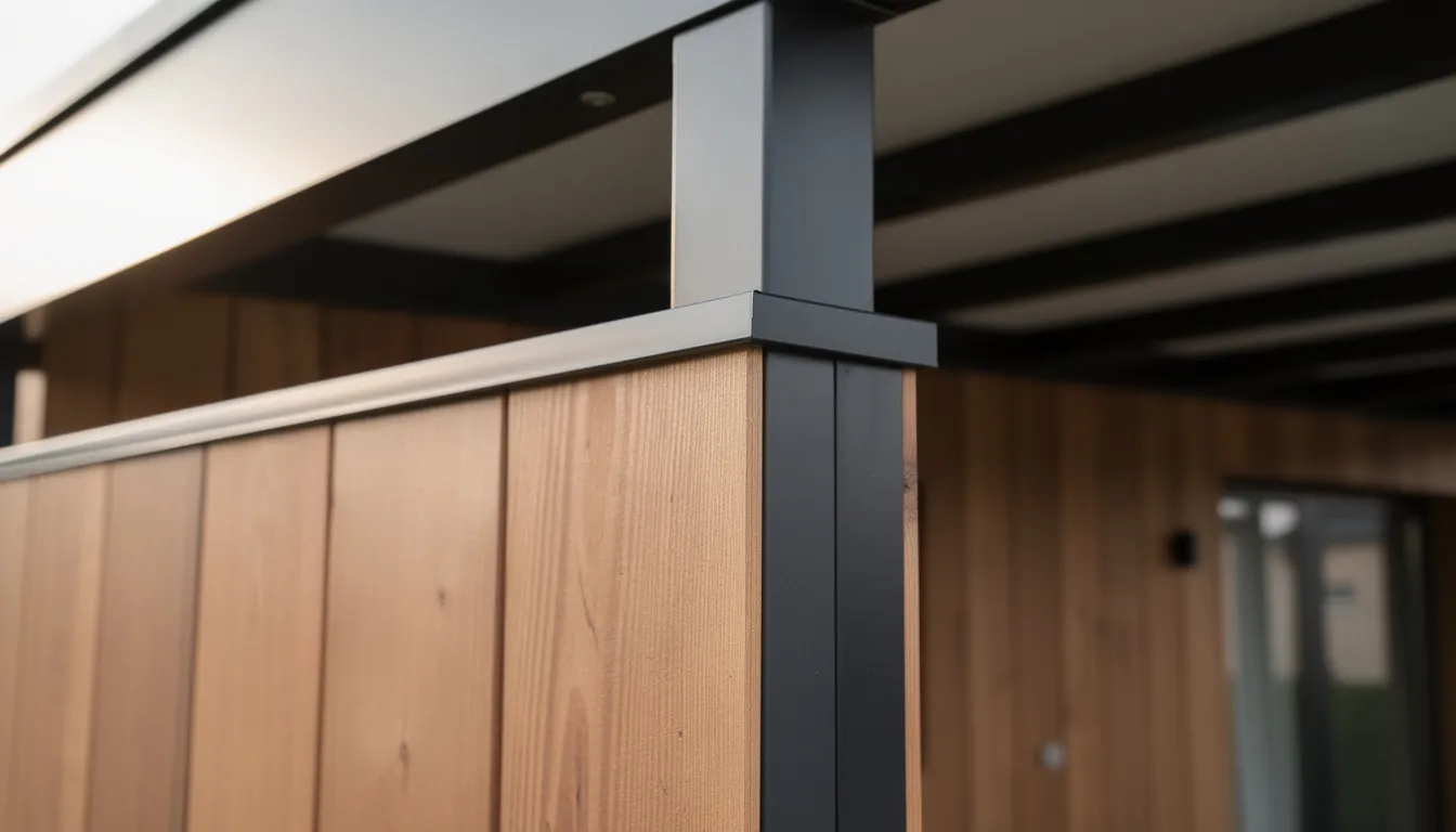 Detailopname van zorgvuldig afgewerkte hoekprofielen bij houten wandpanelen die onder een overkapping zijn gemonteerd, met een warme houtlook die bestand is tegen slechte weersomstandigheden en zorgt voor een lange levensduur. Deze wandbekleding overkapping voegt een stijlvolle afwerking toe aan de buitenmuur van de veranda of tuin.