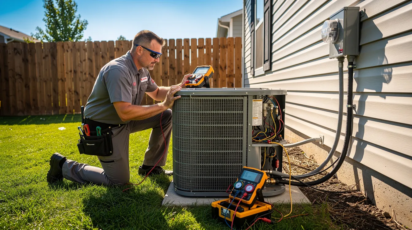 An HVAC technician is inspecting an outdoor air conditioning condenser unit in a residential backyard on a hot summer day, ensuring the system is functioning properly for optimal cooling and humidity control. The professional is focused on delivering reliable air conditioning installation services to enhance the comfort of homeowners.