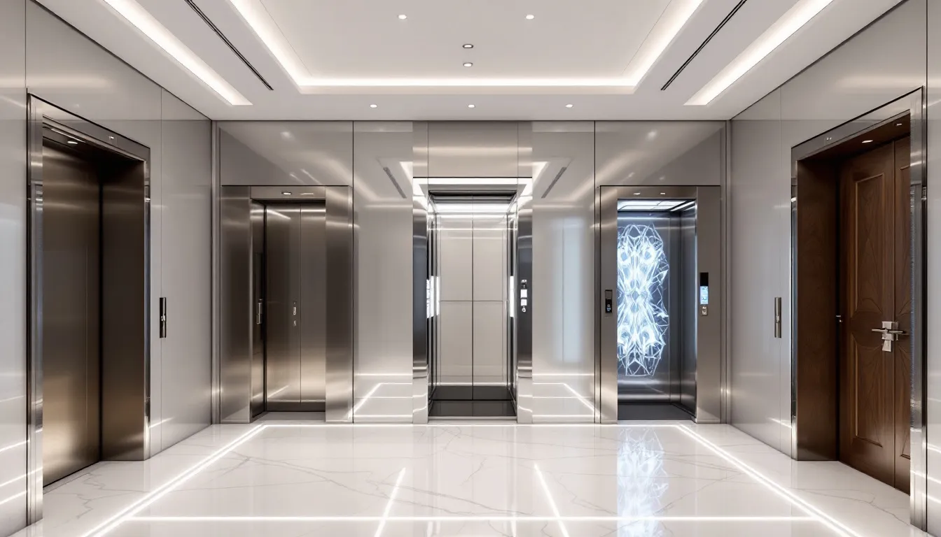 Different types of residential elevator lifts displayed in a showroom.