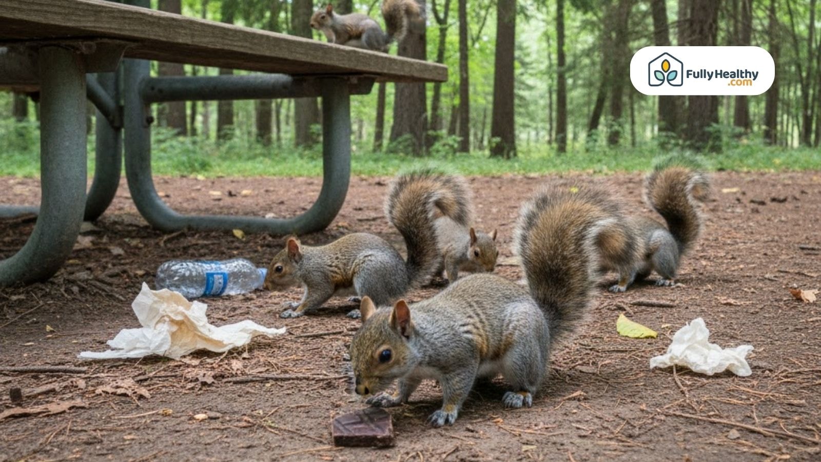 Group of squirrels eating chocolate near picnic bench with trash nearby