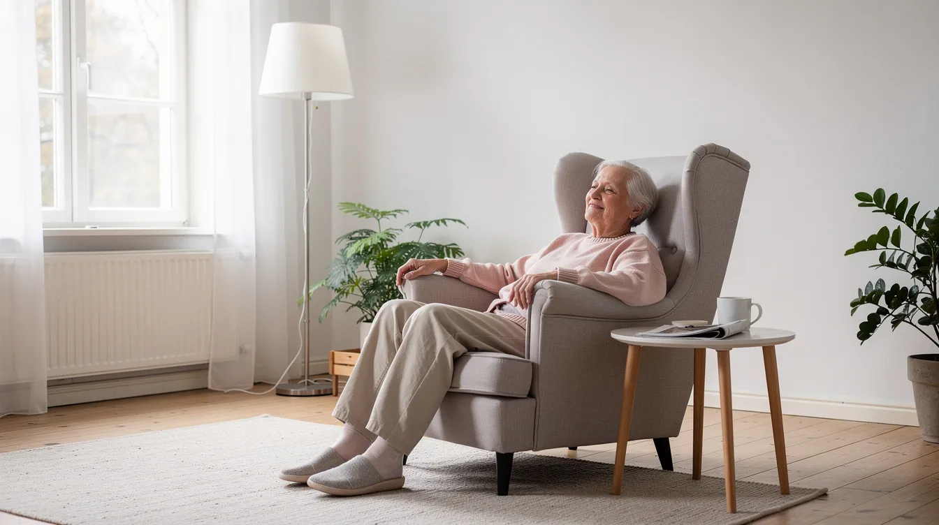 En äldre person sitter bekvämt i en ljus fåtölj med hög rygg i ett skandinaviskt vardagsrum, vilket ger extra stöd och komfort. Rummet är ljust och modernt inrett, vilket skapar en hemtrevlig atmosfär.