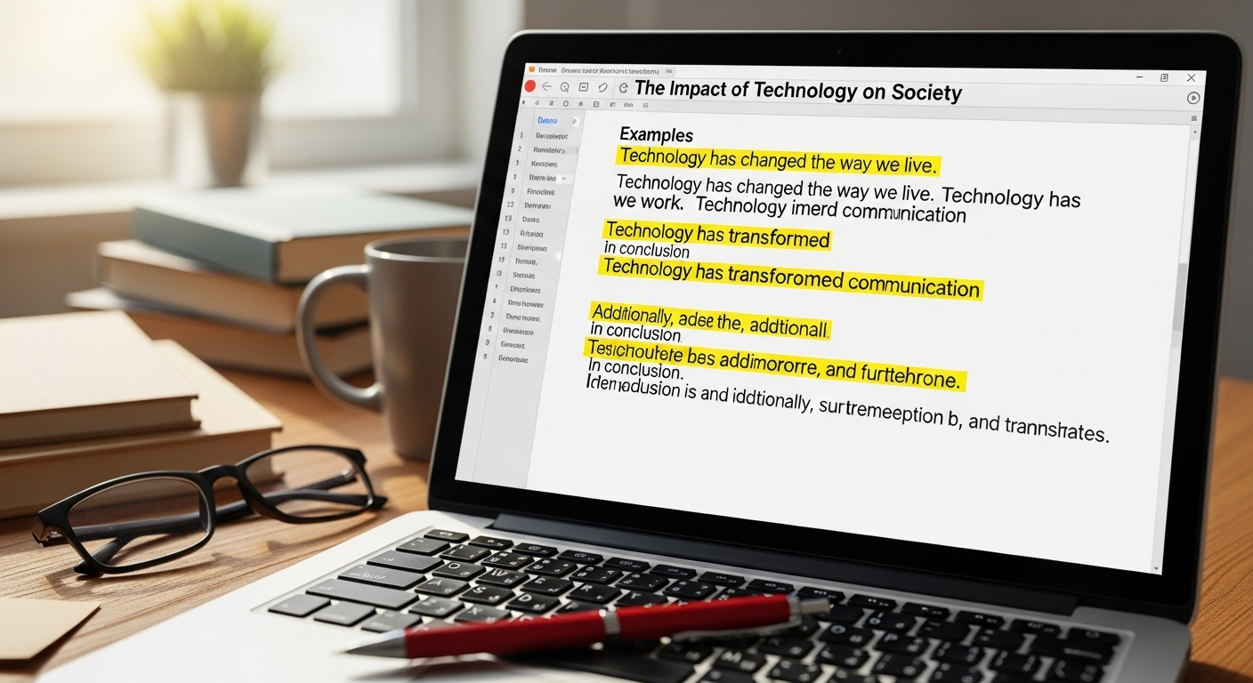 Student essay displayed with highlighted repetitive sentence structures and bland transitions.