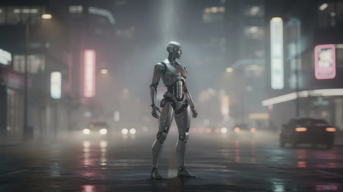 A solitary futuristic robot stands illuminated by soft city lights, evoking themes of artificial intelligence and the human race's journey in a sci-fi drama reminiscent of Stanley Kubrick's vision. The scene captures a sense of hope and wonder, reflecting on the relationship between technology and humanity.
