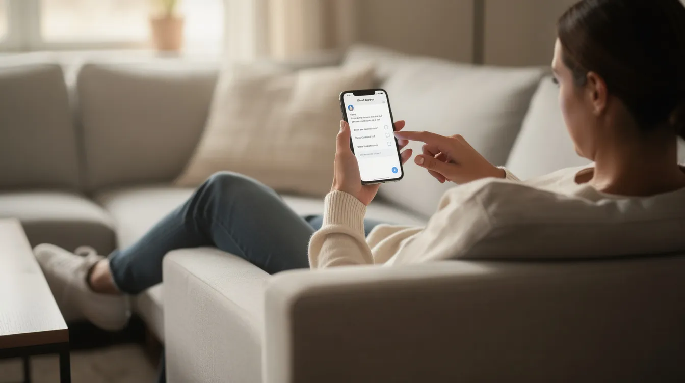 A person is sitting on a sofa, using their phone to answer short surveys, potentially through money-making apps that allow them to earn cash rewards. This scene highlights the convenience of completing online surveys for extra cash from the comfort of home.