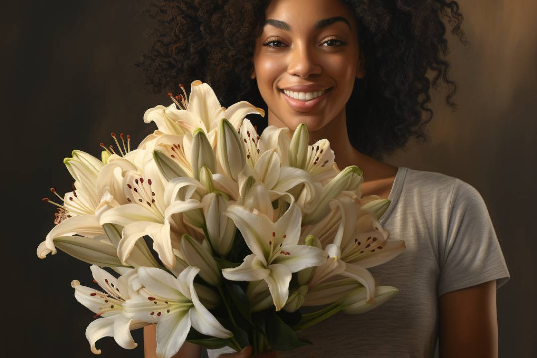 Grow lilies for same day delivery in Cape Town. Woman holding lily bouquet - Flower Guy