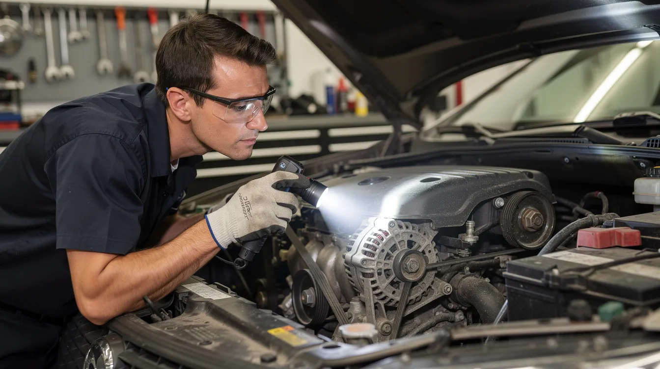 A technician is inspecting an engine bay, focusing on the alternator and belt with a flashlight. The scene highlights the intricate components such as the alternator pulley and worn belt, while the technician checks for any signs of alternator noise or grounding issues that could affect the vehicle's charging system.
