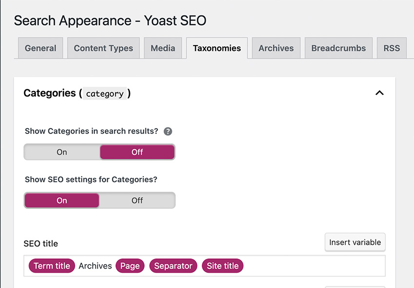 yoast search appearance settings