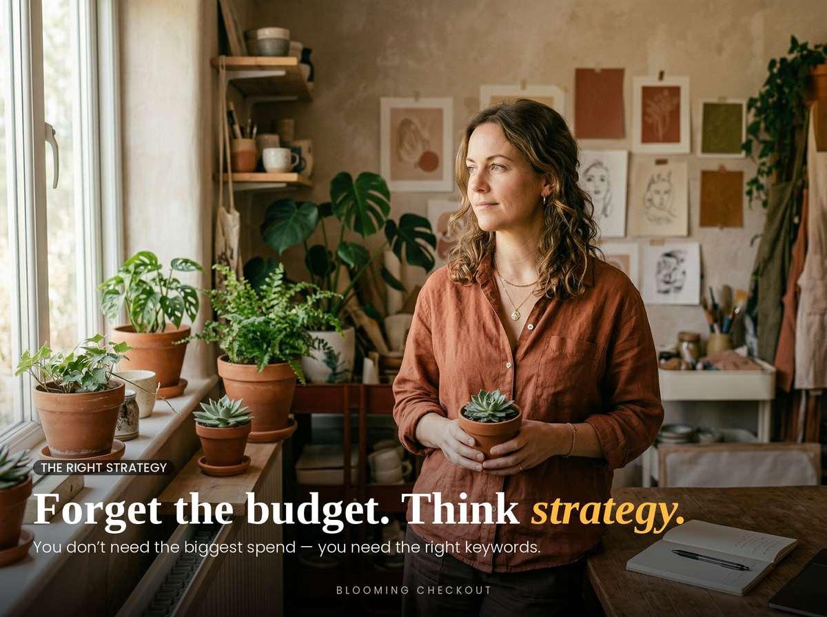 A small business owner standing beside a window in her studio holding a succulent, representing SEO strategy over ad spend for lifestyle brands