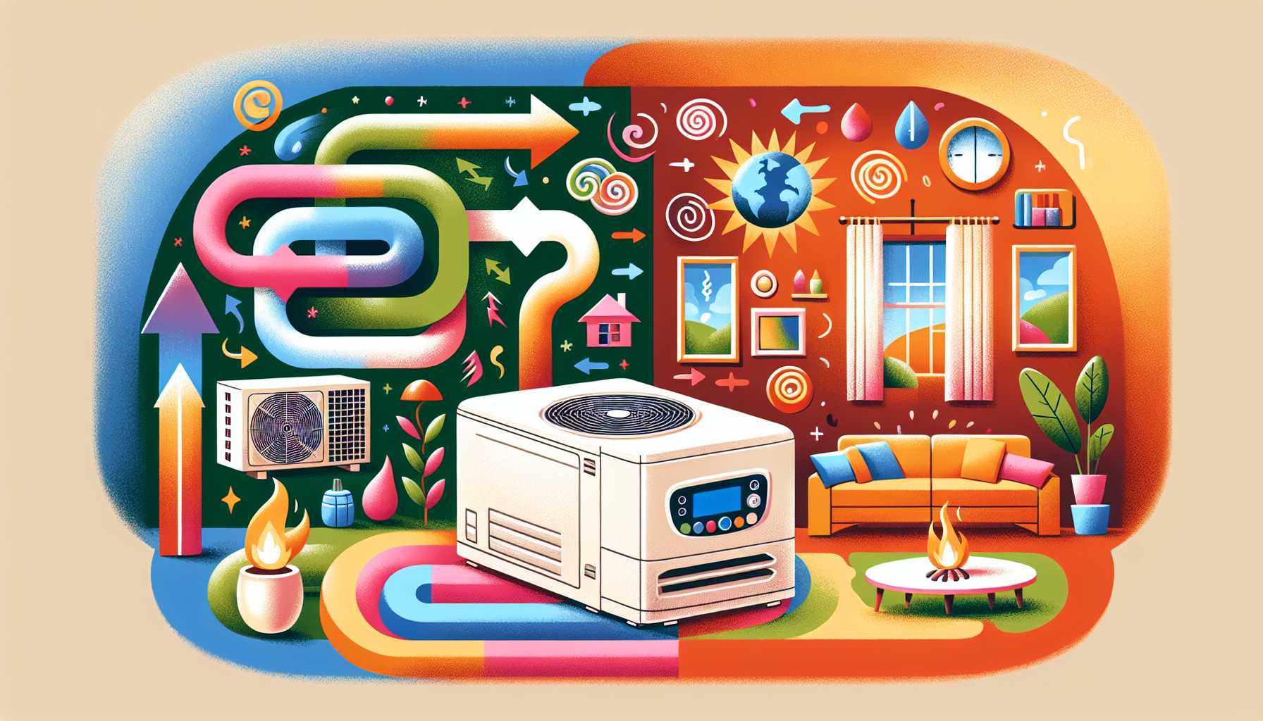 An illustration depicting various types of heater pumps including air source and geothermal models.