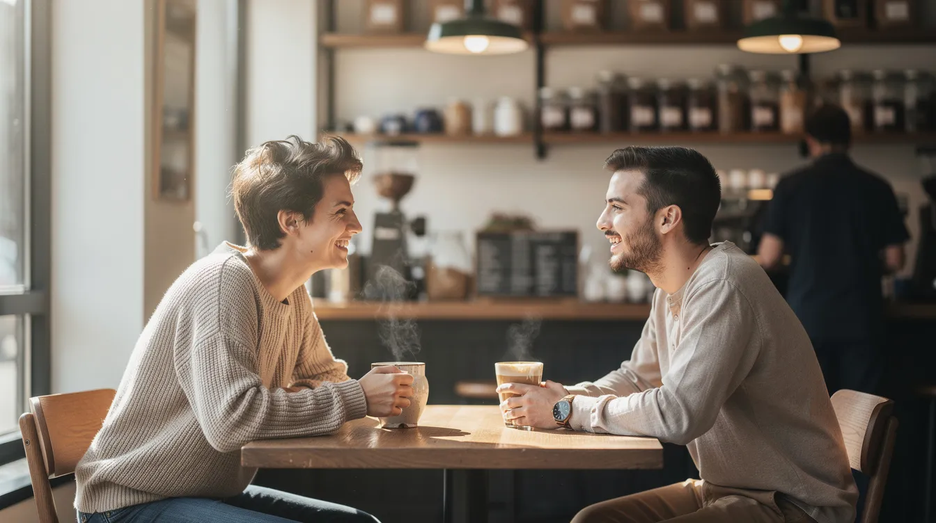 Two friends are seated at a cozy coffee shop, engaged in a lively conversation where they are expressing opinions and sharing personal experiences about developing healthier habits and preparing for job interviews. The warm atmosphere and sunny day outside create a perfect backdrop for their discussion.