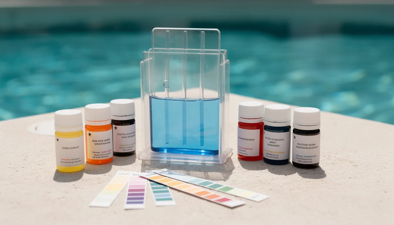 A pool water testing kit is displayed on a poolside table, featuring various chemical bottles and test strips essential for maintaining proper water chemistry in residential swimming pools. This equipment helps pool owners ensure balanced water, monitor chlorine levels, and prevent issues like cloudy water and algae growth.