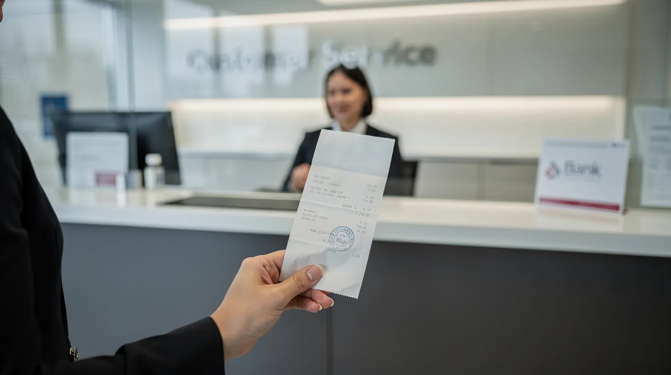 The image shows a person holding a stamped paper receipt at a bank branch window, indicating successful completion of a loan transaction. This receipt serves as proof of financial assistance received, possibly under the Pradhan Mantri Mudra Yojana, reflecting the individual's satisfactory credit track record and commitment to repaying previous loans.