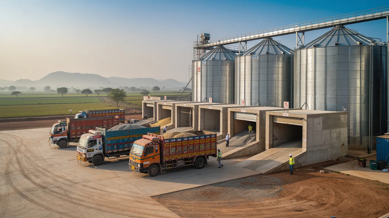 aee6323f fb4d 4d14 862e b04c2cdd9ff7 A wide view of a modern grain storage complex in an Indian agricultural district features large steel silos and trucks arriving at loading bays, highlighting the importance of storage capacity and infrastructure development for food security. This facility is designed to manage harvested grain efficiently, ensuring proper aeration and optimal storage conditions.