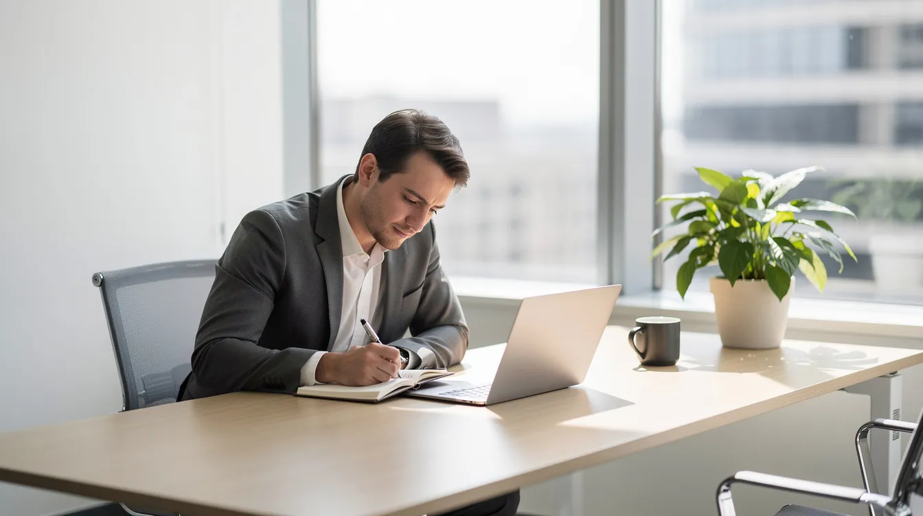 L'image montre un professionnel assis à un bureau lumineux, prenant des notes dans un carnet tout en ayant un ordinateur portable devant lui. Cet environnement de travail favorise la communication et le développement personnel, permettant d'utiliser des outils comme la méthode DISC pour mieux se connaître et améliorer les interactions au sein de l'équipe.