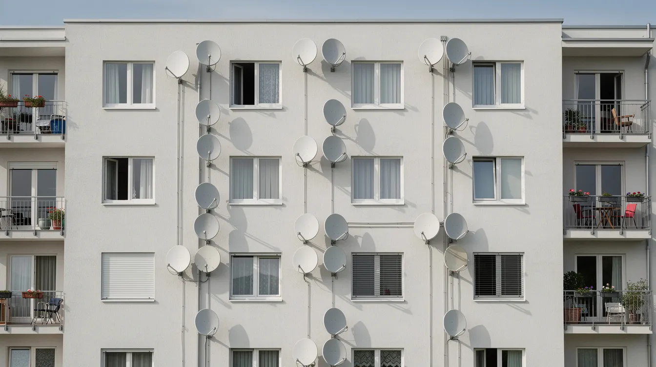 The image depicts a multi-storey apartment building facade featuring a neat installation of satellite dishes, showcasing the work of professional DSTV installers. This installation in Observatory highlights the efficient DSTV dish installation services aimed at enhancing the viewing experience for residents.