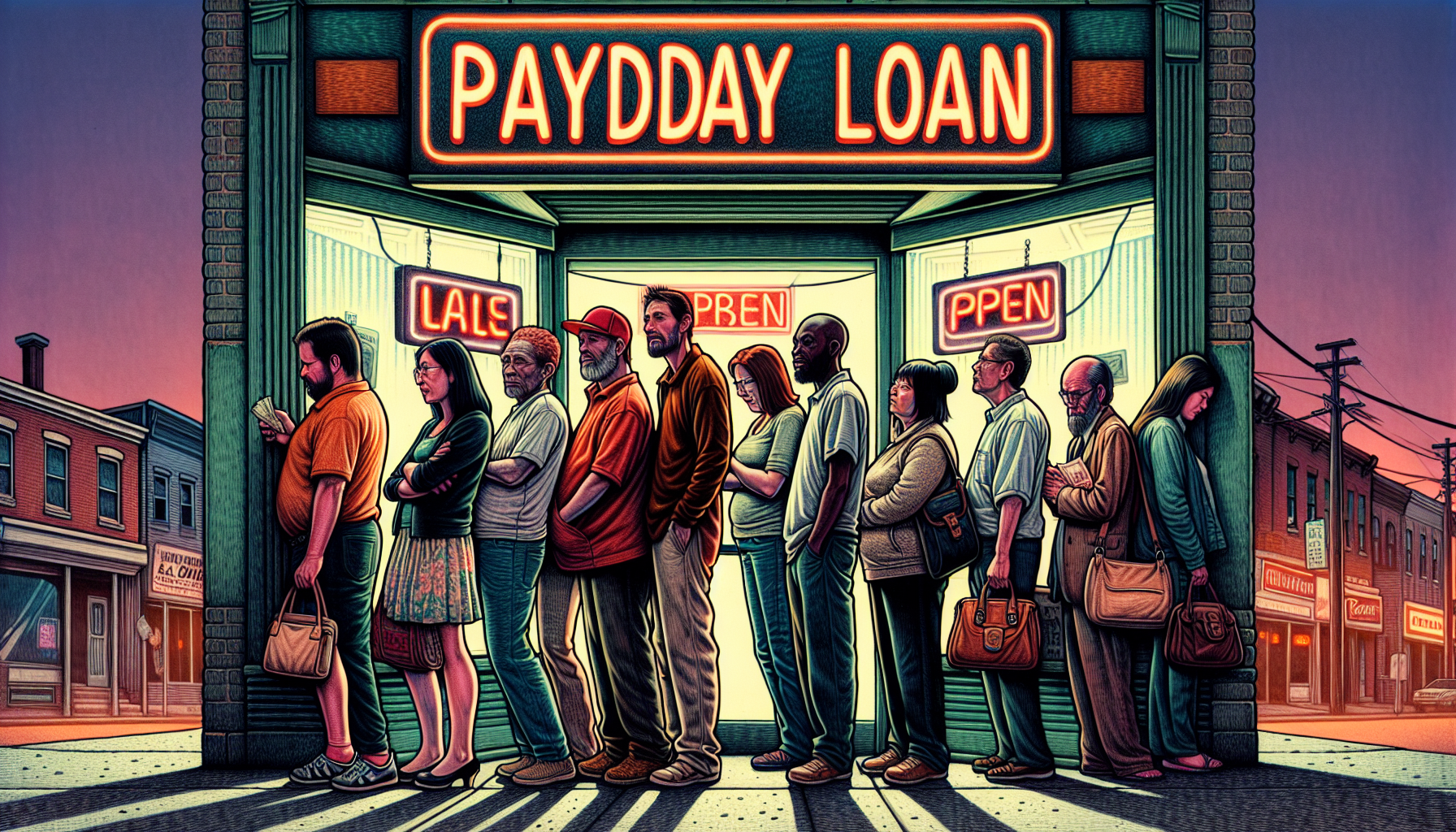 Illustration of a payday loan store with people waiting in line