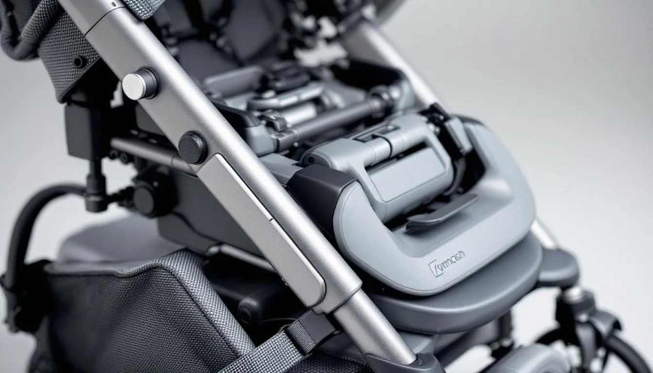 The image showcases a close-up view of a portable pushchair's advanced folding mechanism, highlighting its compact design and robust safety features, including durable safety straps and an adjustable handlebar. This sleek and lightweight stroller is perfect for parents seeking convenience and practicality for everyday use.