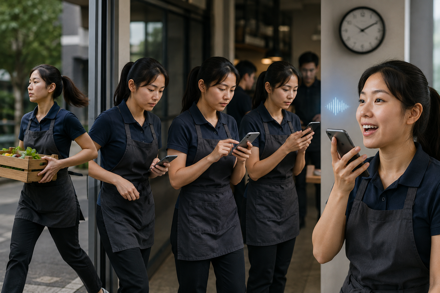 Employees can clock in using voice clock in, receive a message, hear a sound, check the screen, and confirm their entry in a few seconds.