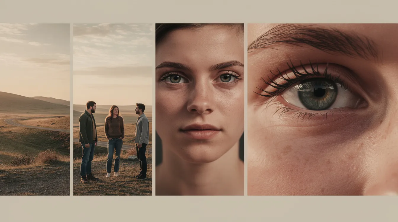 Die Collage zeigt verschiedene Einstellungsgrößen: ganz links eine weite Landschaftstotale, daneben eine Halbtotale mit Personen, gefolgt von einer Halbnahen Aufnahme, einer Großaufnahme eines Gesichts in der Mitte und ganz rechts eine Detailaufnahme eines Auges. Diese unterschiedlichen Bildausschnitte veranschaulichen die Vielfalt der Kameraeinstellungen in einem Film.