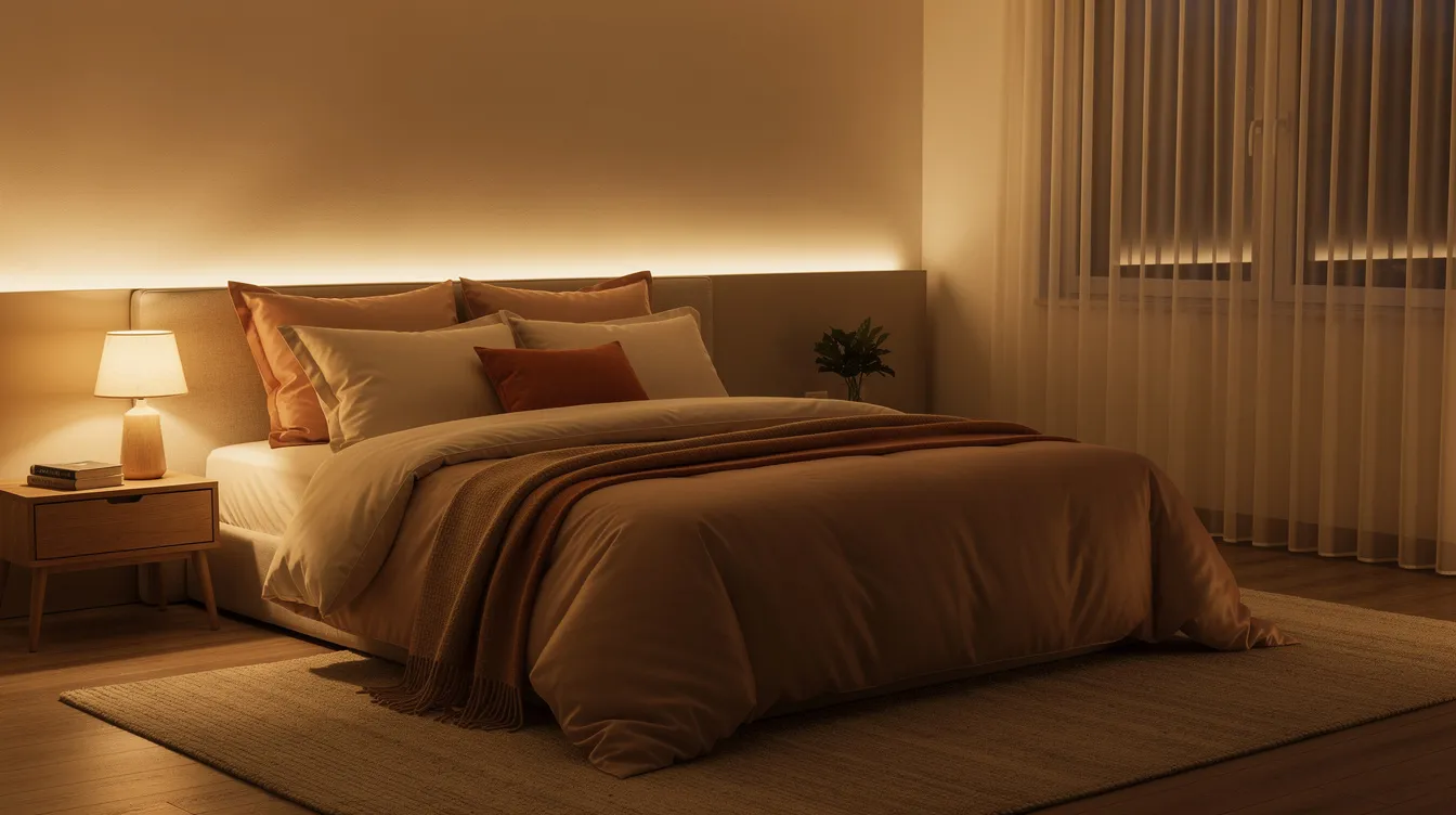 The image depicts a cozy bedroom adorned with soft ambient lighting, luxurious silk pillows, and warm tones, creating an inviting atmosphere perfect for intimate moments and enhancing your sex life. This serene space is ideal for exploring new ideas, fostering deep connections, and enjoying sexy time with your partner.