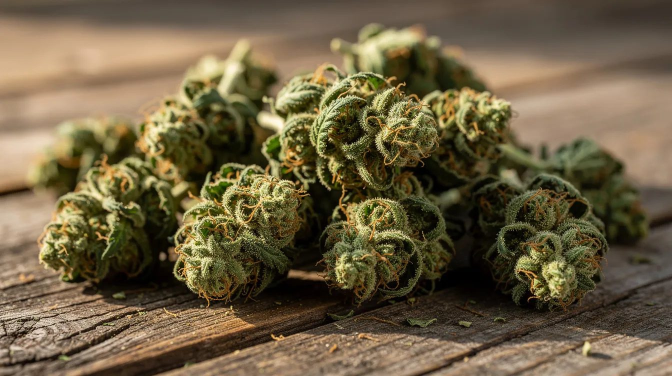 A close-up view showcases raw green hemp flower buds resting on a rustic wooden table, illuminated by natural light. This image highlights the vibrant texture and color of the hemp flower, which is a key component in various hemp-derived products, including those that may be legal in Wyoming under specific regulations.