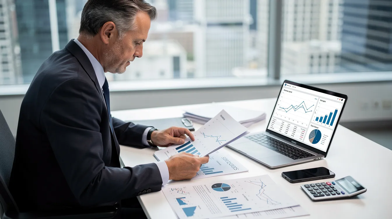 A middle-aged professional in business attire is seated at a desk, intently reviewing financial documents. The setting suggests a formal work environment, likely related to a 公務員 職位 or 職 系 role, as he focuses on important paperwork for the year 2026.