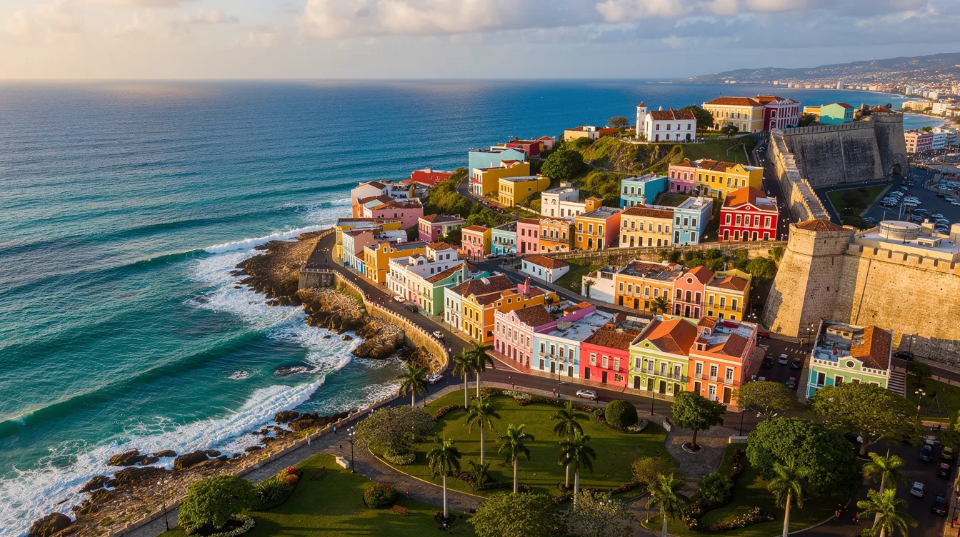 An aerial view showcases the vibrant coastline and historical buildings of Old San Juan, Puerto Rico, highlighting the colorful architecture and the picturesque landscape along the shore. This scene reflects the rich cultural heritage of the territory, where local laws, including those related to firearms and security, play a significant role in the community.