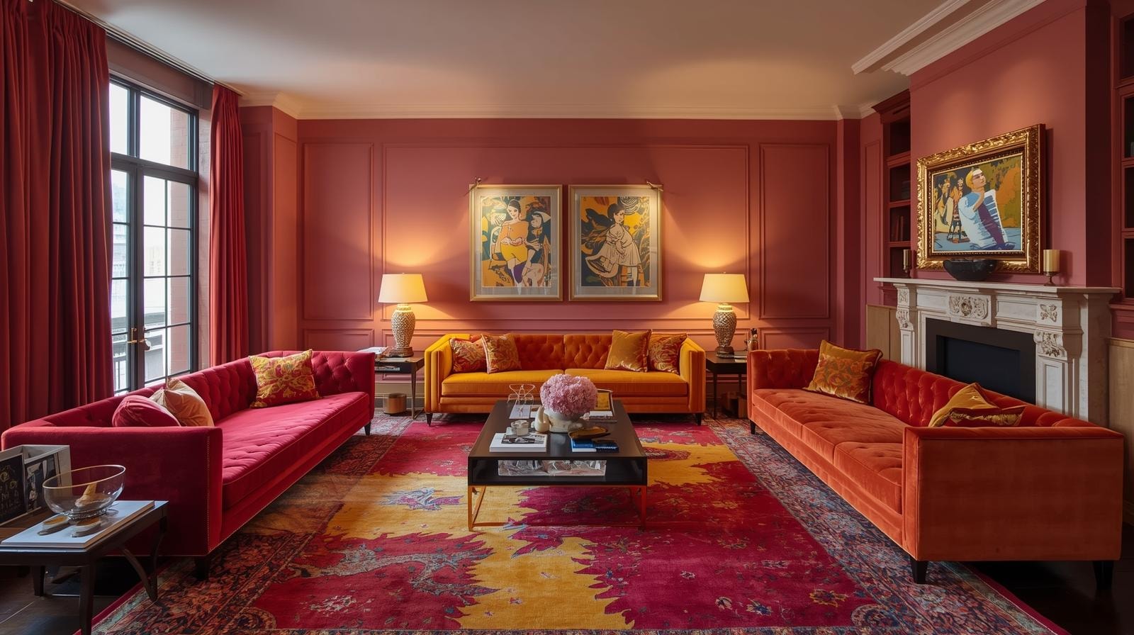 A large bold and bright pink, yellow and orange living room with a striking pink and yellow patterned rug